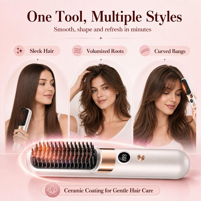  [AUSTRALIA] - Glow Wave Heated Brush, Cordless Hair Straightener Brush - Portable Rechargeable Ceramic Hair Styling Brush with 4 Adjustable Heat Modes & LED Display, Perfect for Travel & Everyday Use