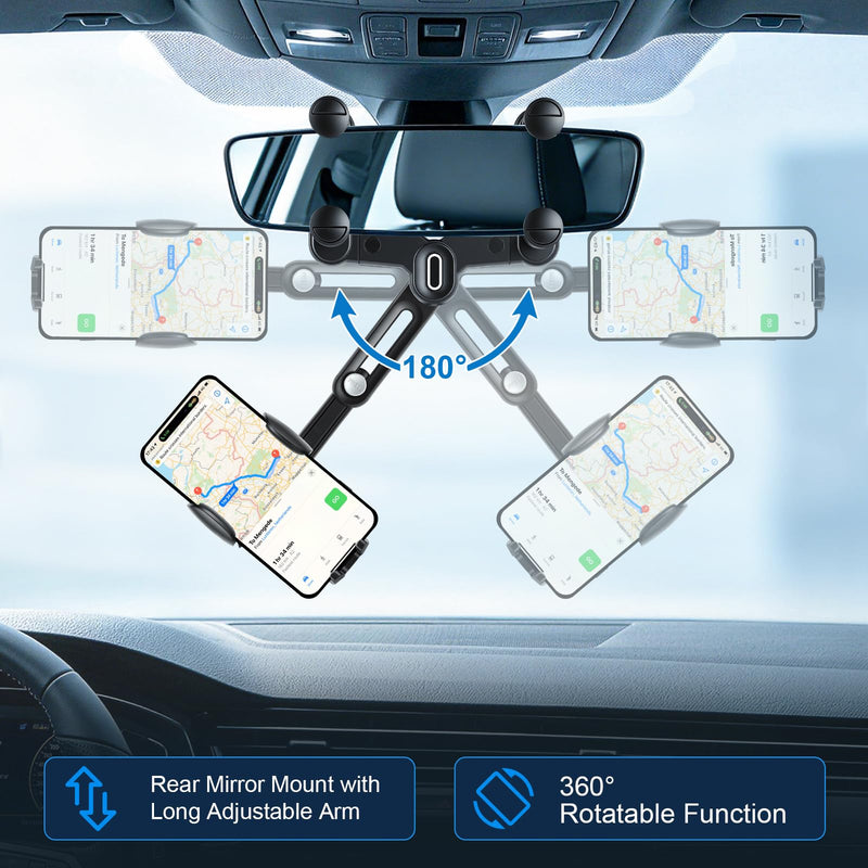 alpmosn Car Phone Holder, Anti-Shake Rear View Mirror Phone Holder for Car, 360° Rotating and Retractable Rearview Mobile Holder for Car, Fit for Almost Smartphones & Bigger Vehicle