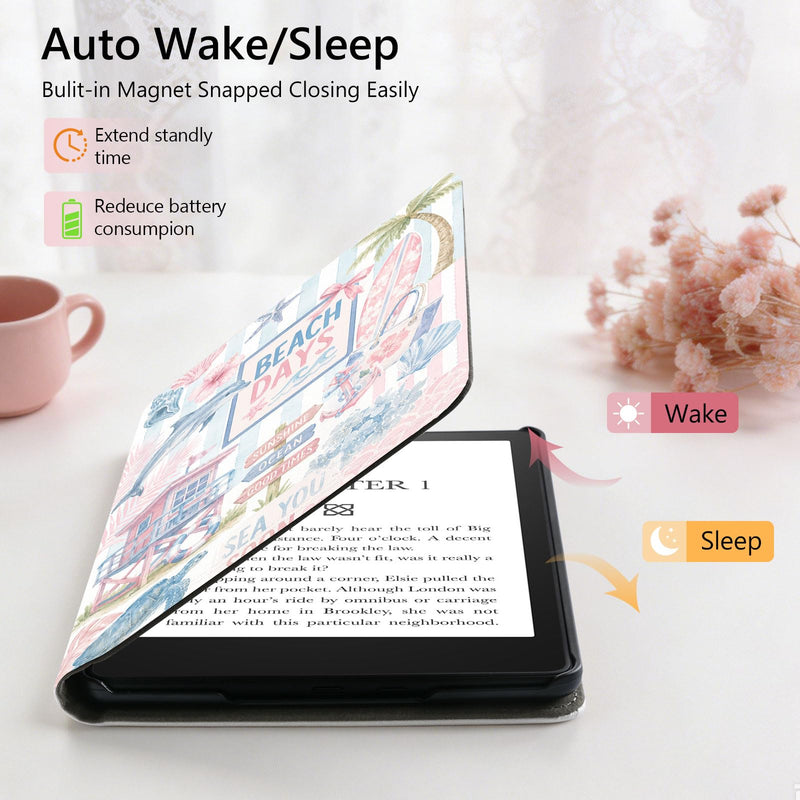 Stand Case for 7" Kindle Paperwhite 12th Gen Beach Days Sunshine | Compatible with Kindle Colorsoft Signature Edition 2024 with Hand Strap | Slim Leather Protective Cover with Auto Sleep/Wake 7" Kindle Paperwhite 12th Generation