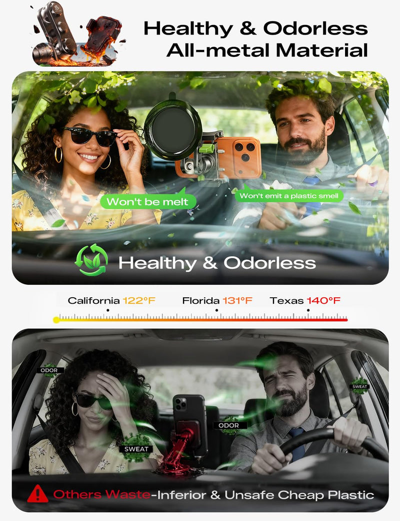 MAGIC JOHN Durable Metal Phone Holders for Your Car, Windshield Car Mount | Durable Metal Build, 360° Rotation, Strong Suction Cup Mount, Fits Windshield, Compatible With All 4-7" Smartphones. Extended