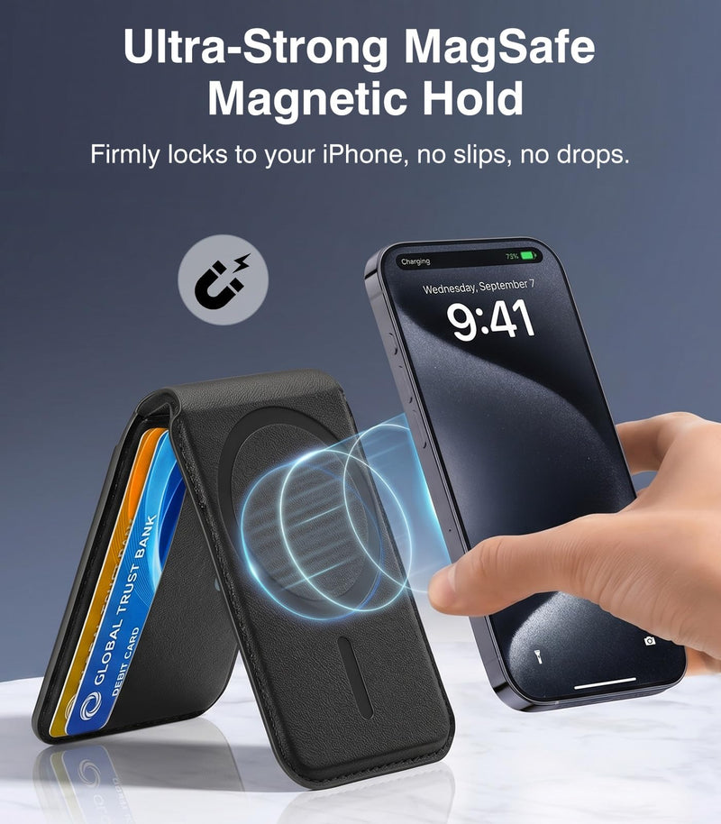 MoKo for MagSafe Wallet, 7 Cards Holder with RFID Blocking Magnetic Wallet | Adjustable Stand Slim Leather Magnetic Phone Wallets for iPhone 17-12 Series, Not for 13/12 Mini, Black