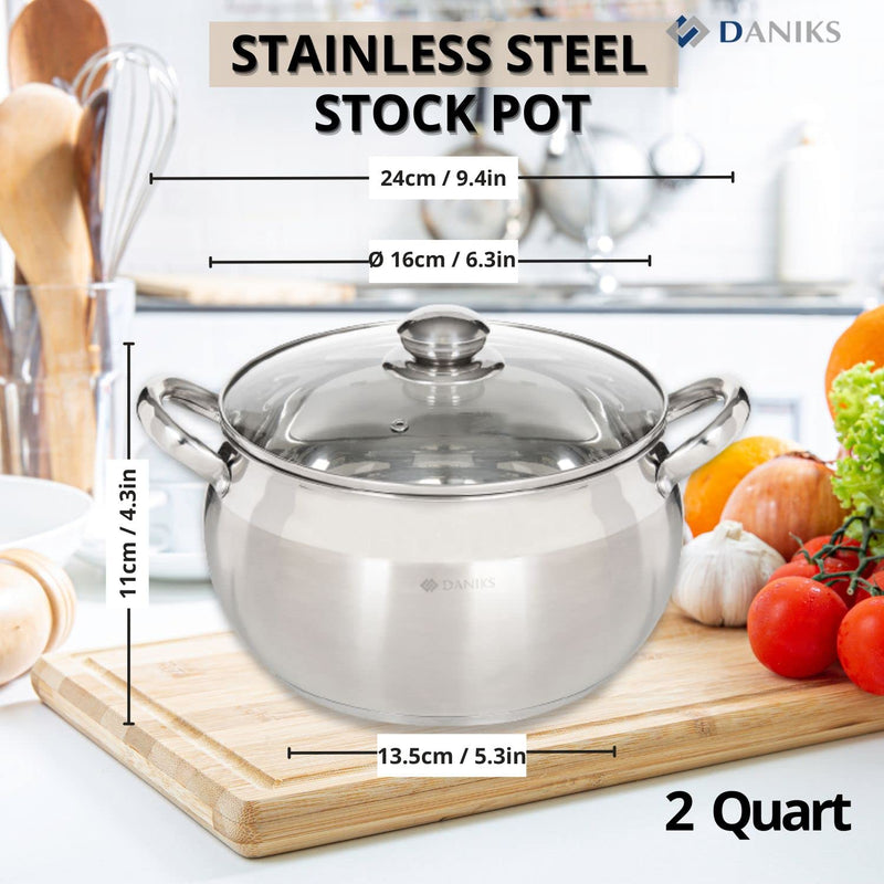 Daniks Classic 2 Quart Stainless Steel Stock Pot with Glass Lid, Tri-Ply Bottom for Even Heating, Induction Compatible, Dishwasher Safe 2 QT