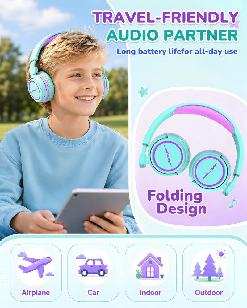 Jimonyer Kids Bluetooth Headphones for School, Travel, iPad, Tablet(Green) | 80H Playtime, Lightweight, Wireless, 85/94dB Safe Volume Limit, Bluetooth 5.4, Built-in Mic Kids Headphones for Girl Boy Greenpurple