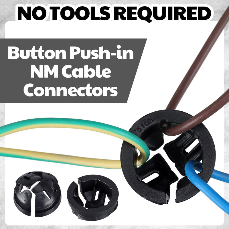 250 Pcs 3/8" Button Connector, Non Metallic Push in NM Cable Connectors for 1/2 Inch Knockouts, Black Plastic Electrical Junction Box Wire Bushing, Snap in Conduit Fitting 250