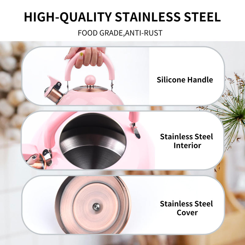 2.6 Quart Pink Whistling Tea Kettle for Stovetop, Stainless Steel Teapot with Cool-Touch Handle, Loud Whistle, Wide Base, Induction Compatible for Gas Electric Glass Cooktops