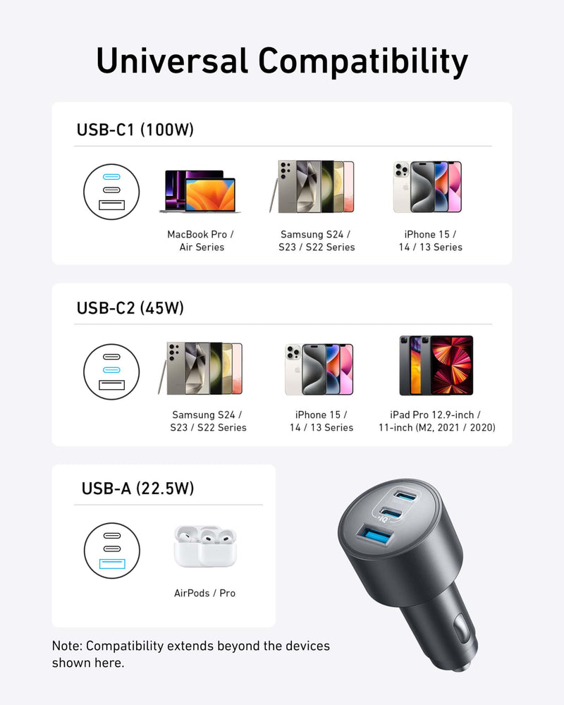 Anker 167.5W Max 3-Port Ultra-Compact USB C Fast Charging Car Charger | Fast Charging Adapter for MacBook Pro / Air, iPhone 17 / 16 / 15 Series, Samsung S25, iPad Pro, AirPods, and More