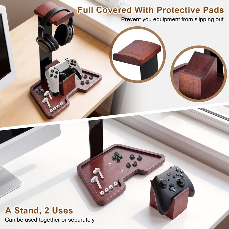 Headphone Holder Stand for Desk, Wood and Metal Headset Hanger Mount Hook Gaming Holder Desktop Earphone Artful Functional Craftsmanship Stand for All Headsets with Solid Wooden Base 2 in 1
