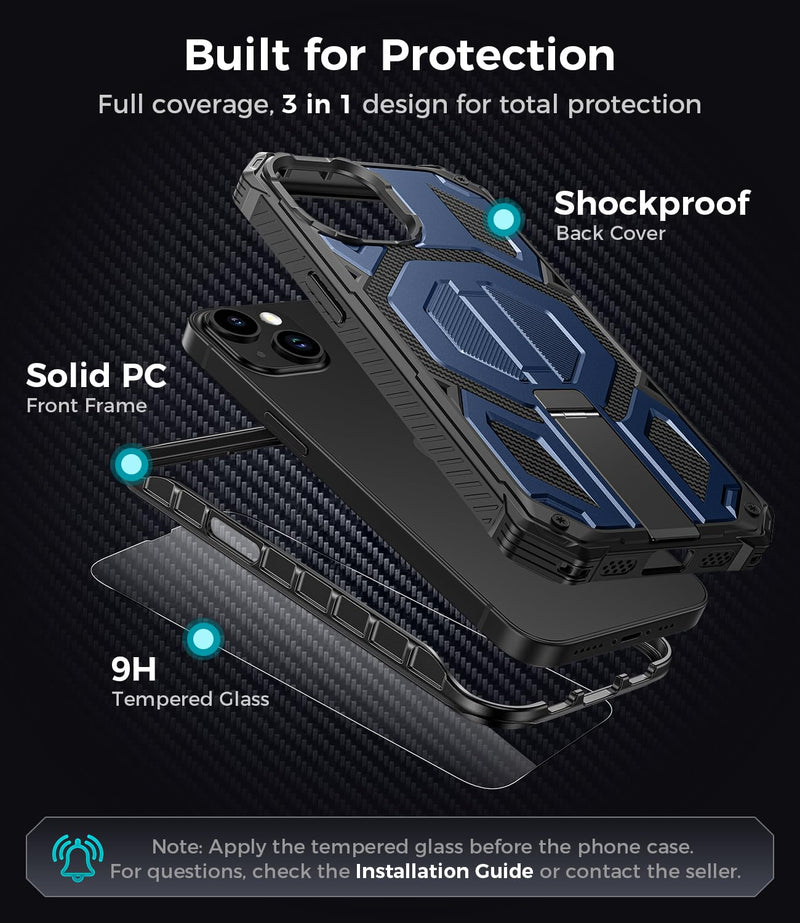 Magnetic for iPhone 13 Case/iPhone 14 Case with Screen Protector, Blue | Invisible Kickstand & Compatible with MagSafe, 3-in-1 Full Body Military Grade Heavy Duty Protective Phone Cover for Men For iPhone 13/14