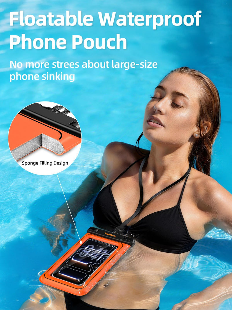 TopMade Floating Waterproof Phone Pouch, 2 Pack IP68 Waterproof Phone Case | Beach/Cruise/Travel Essentials, Detachable Lanyard, Waterproof Pouch for iPhone 17 16 15 Pro Max, S26 Ultra Up to 7", Orange