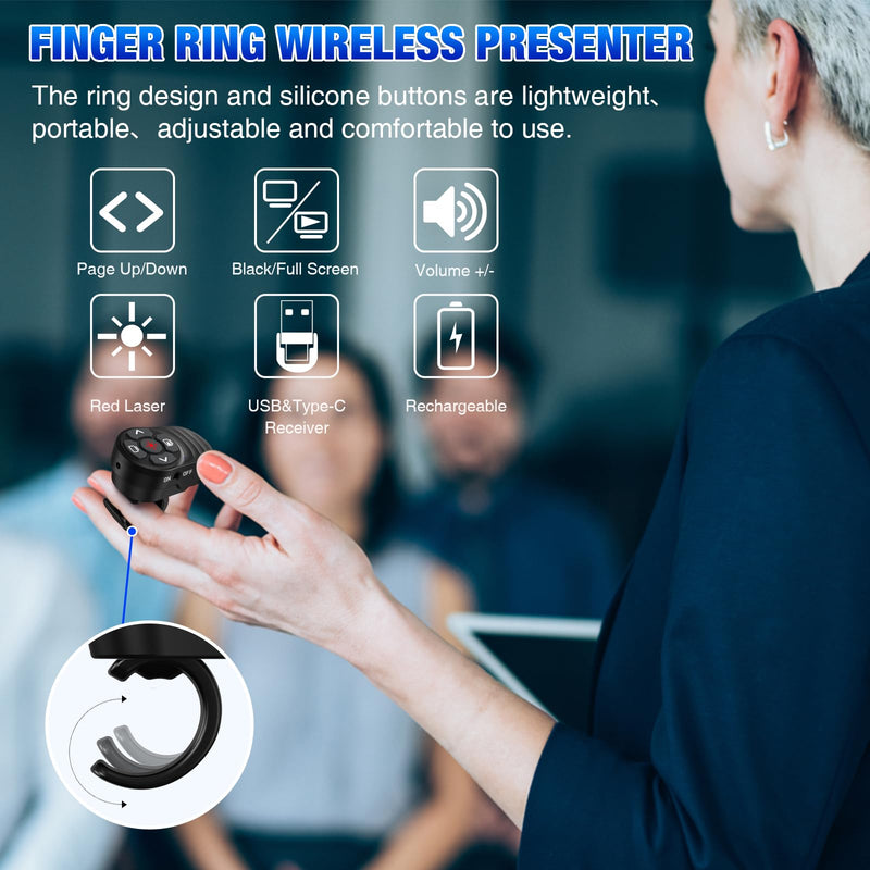 Rechargeable USB Type C Wireless Presentation Clicker, Finger Ring Clicker Powerpoint Clicker with Red Light & Volume Control, Wireless Presenter Remote Pointer for Slide MAC Computer PC Laptop Portable Finger Ring