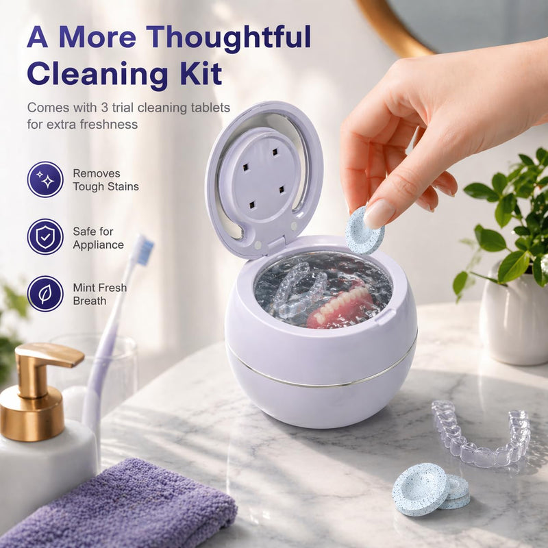 Ultrasonic Retainer Cleaner Machine with 3 Retainer Cleaning Tablets - 45kHz Dental Cleaning Pod with 2 Modes, Deep Cleaning Ultrasonic Cleaner for Dentures, Aligners, Mouth Guards