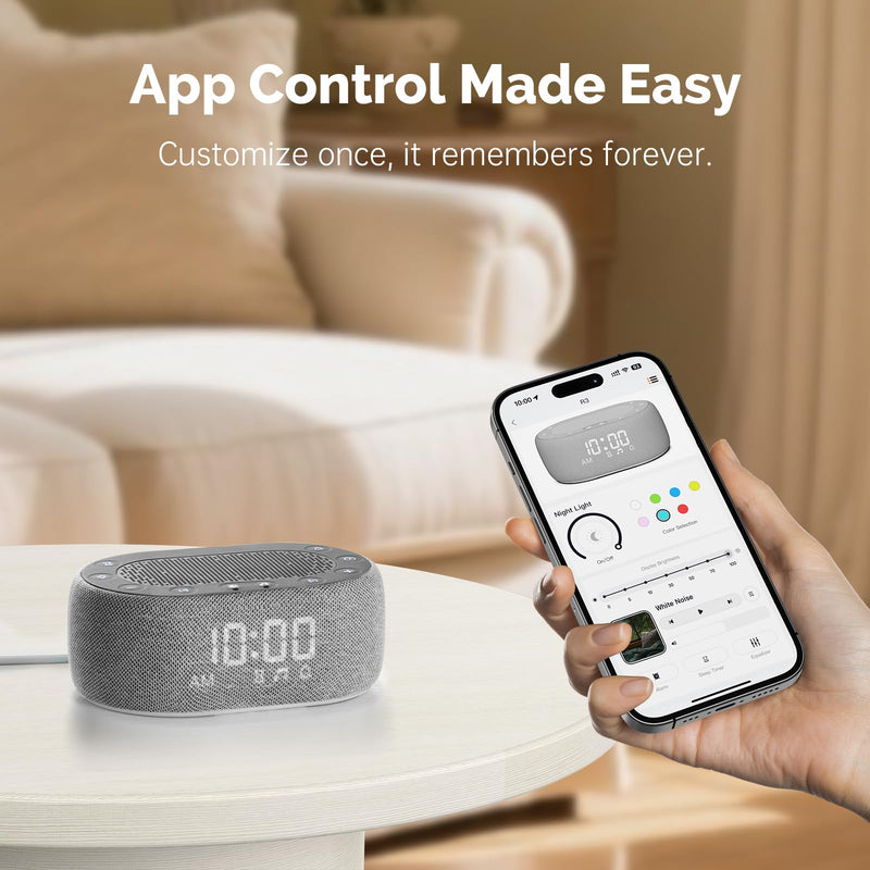 1Mii White Noise Sound Machine with Alarm Clock, Sound Machine for Sleep for Adults Baby, 30 Soothing Sounds, Smart App Controlled, Dimmable 7-Color Night Light, Sleeping Timer, 30 Volume Levels Grey