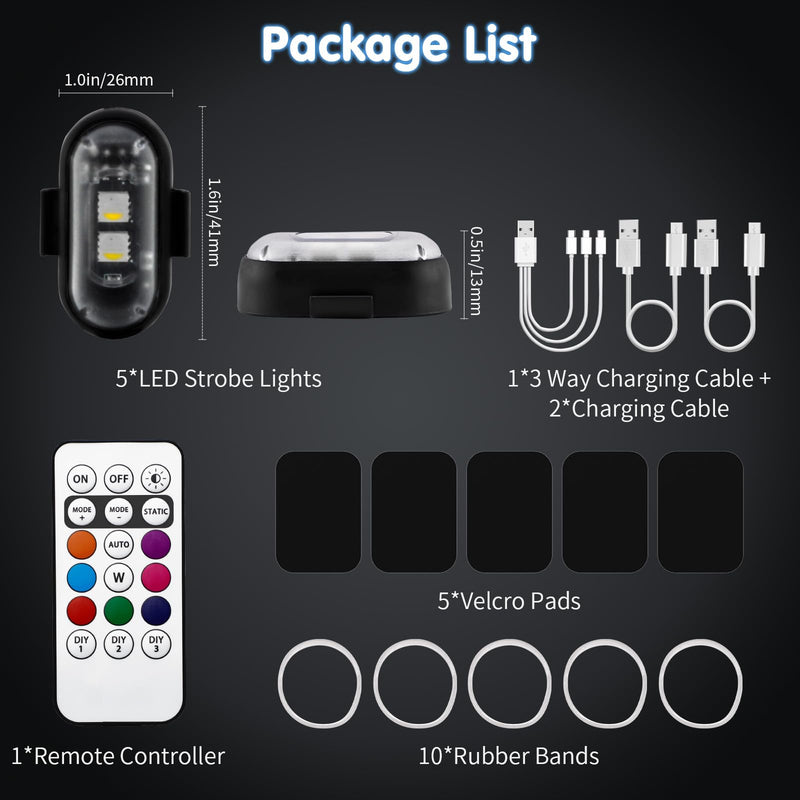 Wireless LED Strobe Lights for Trucks Cars Motorcycles Bikes Remote Control Warning Flashing Anti-Collision Light Mini RGB USB Rechargeable Magnetic 5PCS