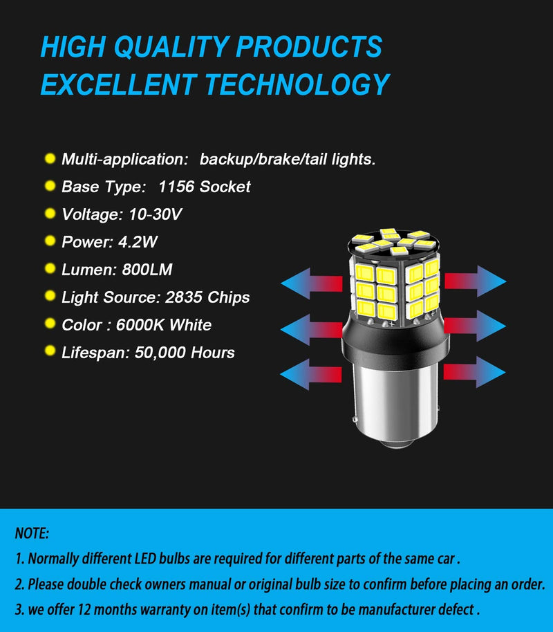 Serundo Auto 1156 Led Bulb, 12V 24V Super Bright 1141 1003 BA15S LED Bulbs Used for Back Up Reverse Lights, Tail Lights, RV lights,Lawn Mower etc. Pack of 2pcs White 1156 white