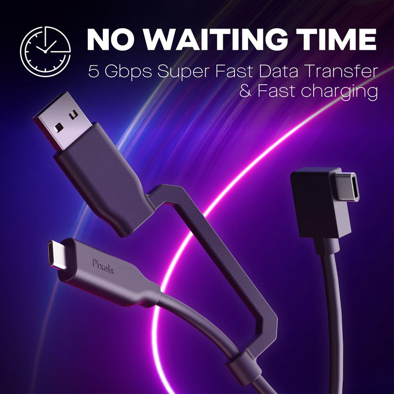 MP Mobile Pixels 2-in-1 Cable, Laptop Monitor Cable, Right Angle USB A/C Cables, 3A/5.0 Gbps Durable, Flexible, Tangle-Resistant Braided Nylon Cord (3ft, Black)