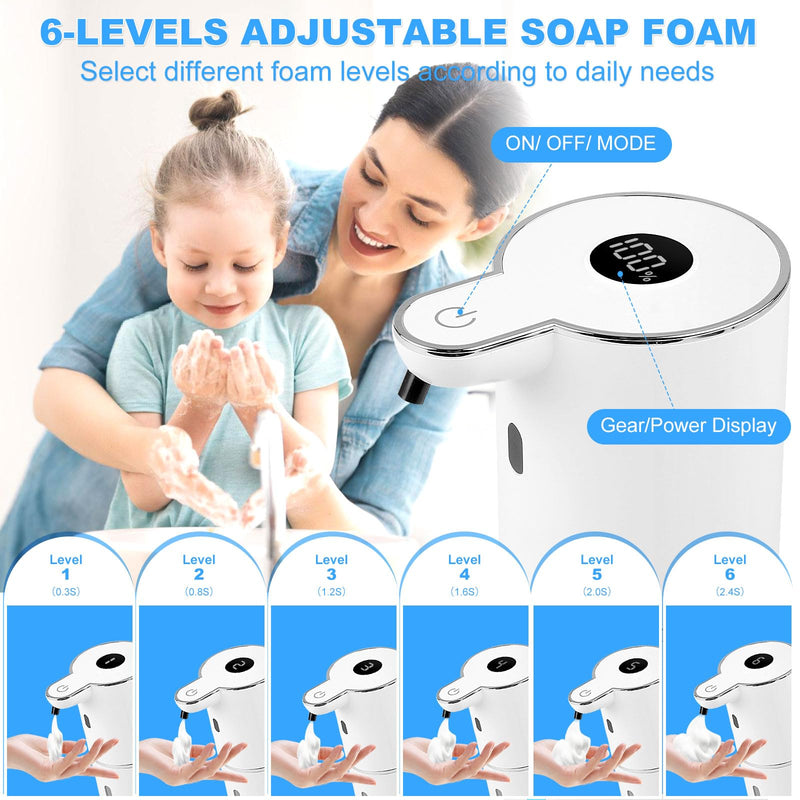 Automatic Soap Dispenser,6-Level Foaming Hand Soap Dispenser,Touchless Dish Soap Dispenser for Kitchen Bathroom,Ipx5 Waterproof,1200mah Rechargeable,12.8oz/380ml,Wall Mount & Countertop White