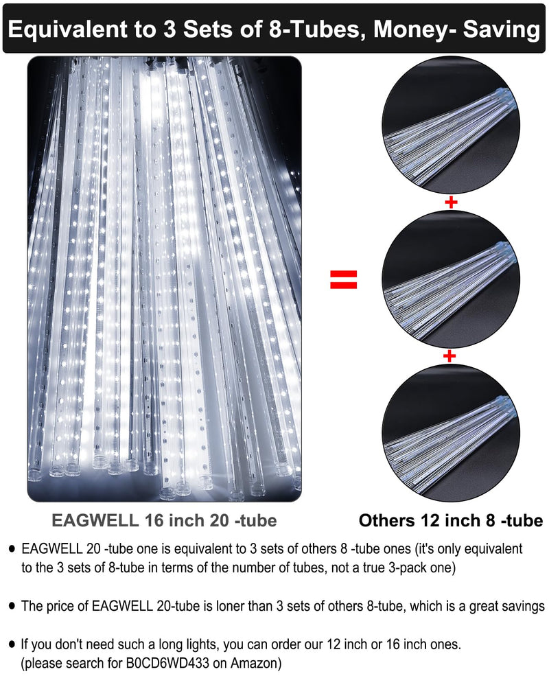 Christmas Lights Outdoor 16 Inch 20 Tubes Meteor Shower Rain Light, Waterproof Falling Icicle String Lighting for Xmas Tree Yard House Decor,Shine White Shine White 16 IN 20 Tube