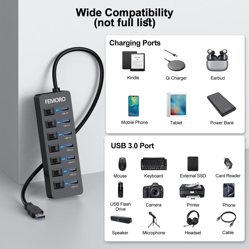 Powered USB Hub 3.0, 5Gbps Data Transfer 7 Ports and 12W Charging-only 1 Port with 5V/3A Power Adapter 4Ft Long Cable & Individual Switches for Laptop PC Flash Drive External SSD HDD Keyboard Mouse 1 Pack 7 USB 3.0 +1 Charging