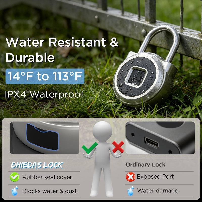 Fingerprint Lock, Dhiedas Gym Lock, Bluetooth Lock, Small Fingerprint Padlock with Keyless, Weatherproof Smart Lock for Gym Locker School Suitcase Cabinet Luggage Storage and Fence Silver 1'' shackle