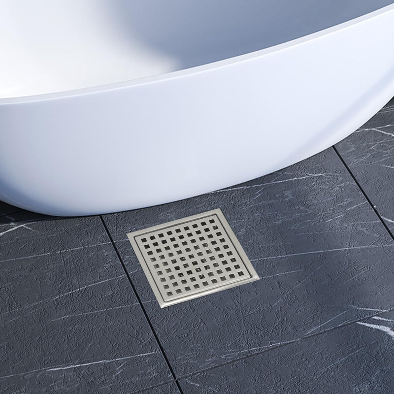 6 Inch Square Shower Floor Drain with Flange, Removable Quadrato Pattern Grate, Food-Grade SUS 304 Stainless Steel, Brushed Nickel with Hair Filter & Anti-Drop Design 6 Inch