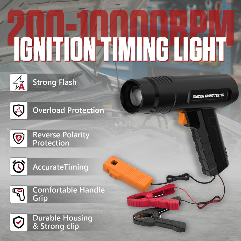 Timing Light Automotive,12V Inductive Ignition Timing Light Gun for 2&4 Stroke Petrol Engine Car,Motorcycle,everse Polarity Protection, Overload Protection.