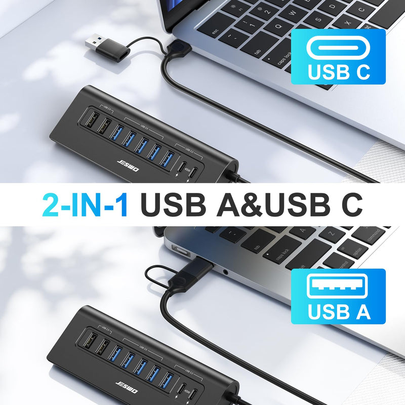 Powered USB Hub, 10Gbps 9-Port JESWO USB Hub, USB 3.2 45W Charging for PC | USB C Hub with 65W adapter, 2 USB 2.0 + 4 USB 3.0 + 3 USB 3.2 A+C ports, Aluminum for PC, Mac, laptop, desktop, and iPhone Black