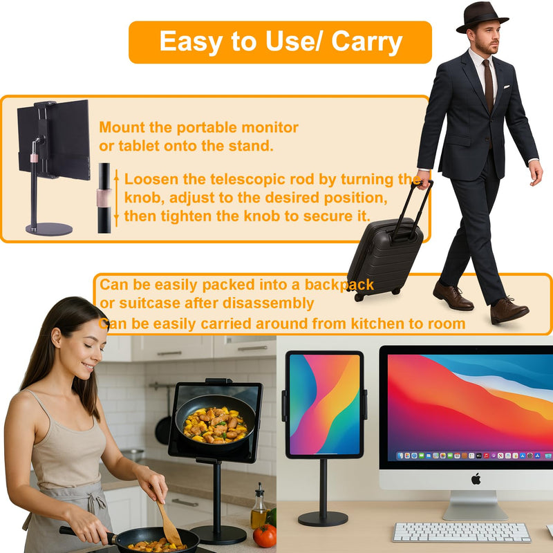 Portable Monitor Stand Tablet Stand for Desk Kindle Holder with Metal Disk, Telescopic Pole and Super Wide Clamp Portable Monitor Mount 15.6 inch 18.5 inch FL12C