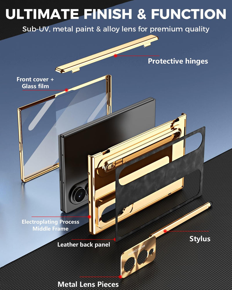 NINKI for Samsung Galaxy Z Fold 8 Case with S Pen Holder & Stylus, Galaxy Z Fold 8 Phone Case with Stand & Screen Protector, Plating Leather Hinge Protective Cover for Samsung Fold8 – Gold with Black Gold+Black