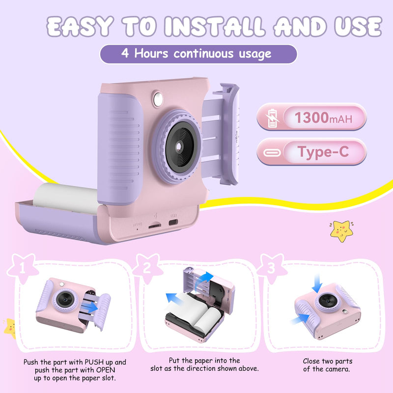 Instant Print Camera for Kids,2.4 Inch Screen Kids Instant Cameras,Christmas Birthday Gifts for Girls Age 3-12, Portable Toddler Toy for 3 4 5 6 7 8 9 10 11Year Old Girls Boys Pink