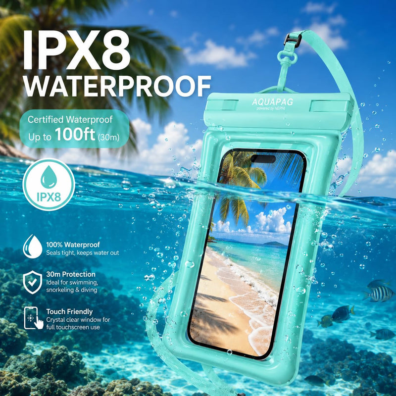 IP68 Waterproof Phone Pouch 2 Pack-Up to 8.0"，Adjustable Neck Lanyard Floating Waterproof Phone Case for iPhone,Phone Dry Bags for Vacation Beach Pool Travel Essentials Green