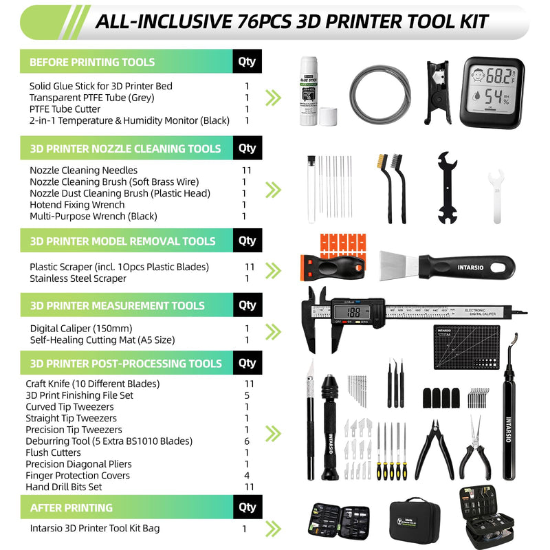 76pcs 3D Printer Tools Kit with Bag, 3D Printer Accessories includes Digital Caliper, Hygrometer, PTFE Tube Kit, Deburring Tool, Scrapers, Nozzle Cleaning, for Bambu Lab, Ender 3, FDM/SLA Printers etc Ultra 3D Maker Version