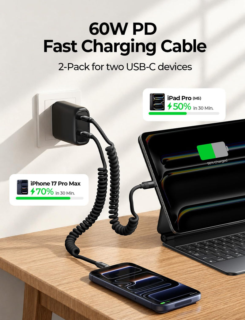 LISEN Coiled USB C Cable, Durable Short USB C to USB C Cable 2 Pack for Android Auto & Car Play Cable, C to C Fast Charging Cord for iPhone 17/16/15 Samsung Galaxy S25/S24 A15, Space Black 4FT