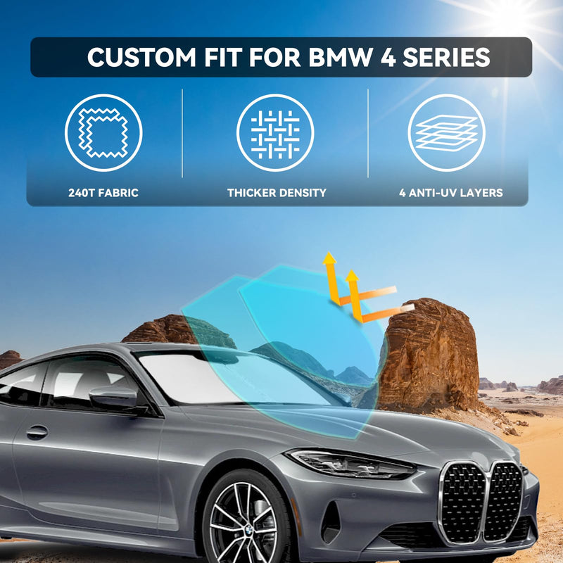 for BMW 4 Series 2021-2025 430i 440i i4 m4 330i Windshield Sun Shade - 4 Layers for Front Windows Shade Cover Custom Fit 4 Series Sun Visor 240T Retractable Shade Blocks UV Rays Car Accessories for BMW 4 Series 2021-2025