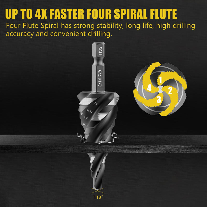 5 Pcs Four Spiral Flute Step Drill Bit Set & 6 Pcs Countersink Drill Bits with Tool Box, Nitriding HSS Drill Bits for Metal, Aluminum, Wood, Plastic