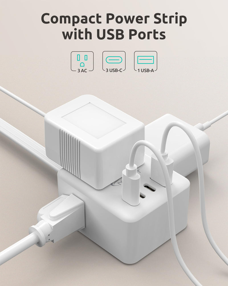 3FT Short Extension Cord with Outlet Cover, 3 Outlets and 4 USB Ports | Flat Plug Power Strip, Outlet Concealer, Small, Wall Mountable, Flat Face Outlet Extender Hidden Behind Couch, Bed, White 3FT