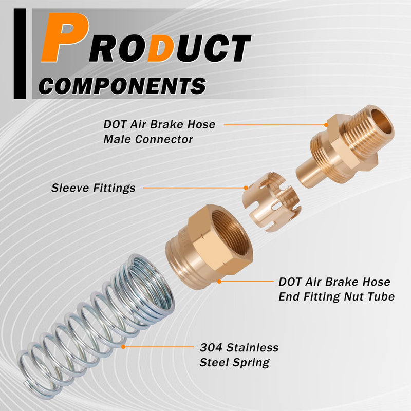 4Pcs Brass 3/8” Air Hose Fittings DOT Air Fittings with Spring Guards, 3/8” Male Connector for Rubber Tube, Air Brake Hose End Fittings, with 8Pcs Fitting Sleeve Tubes 3/8” Hose x 3/8” Male Connector with Spring Guard