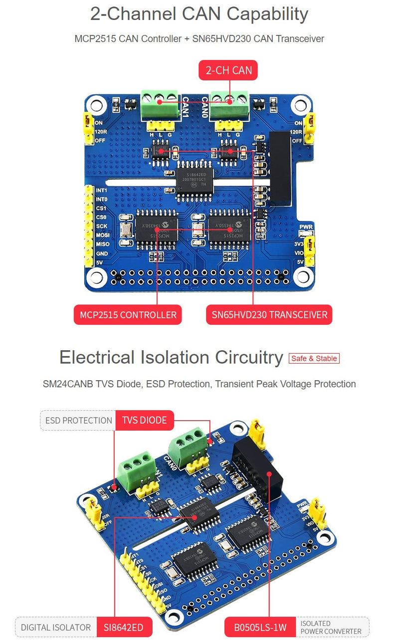 Waveshare 2-Channel Isolated CAN Bus Expansion HAT, Compatible with Raspberry Pi 5/4B/3B/Zero/Zero W/Zero 2W/Pico/Pico W/Pico WH,MCP2515 + SN65HVD230 Dual Chips Solution, Multi Protection Circuits