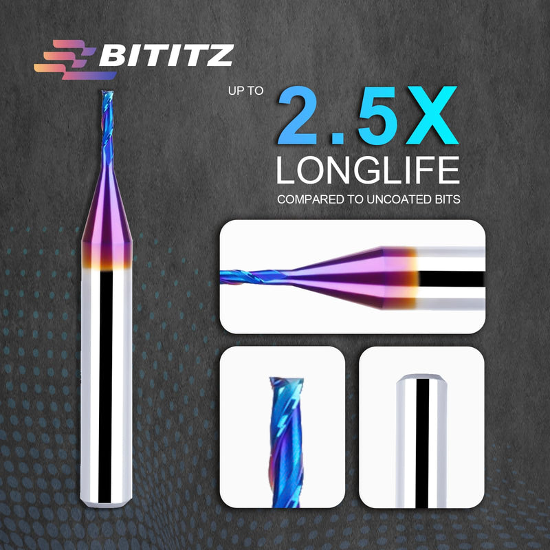 2PCS Upcut Spiral Router Bit 1/4 Inch Shank 1/16 Inch Cutting Diameter 1/4 inch Cutting Length with Extra Long Life Coating CNC Router Bits End Mill for Wood Cutting, Slot Mortise, Engraving UP CUT 2 pieces 1/16" Dia-1/4" CL-2" Overall Length