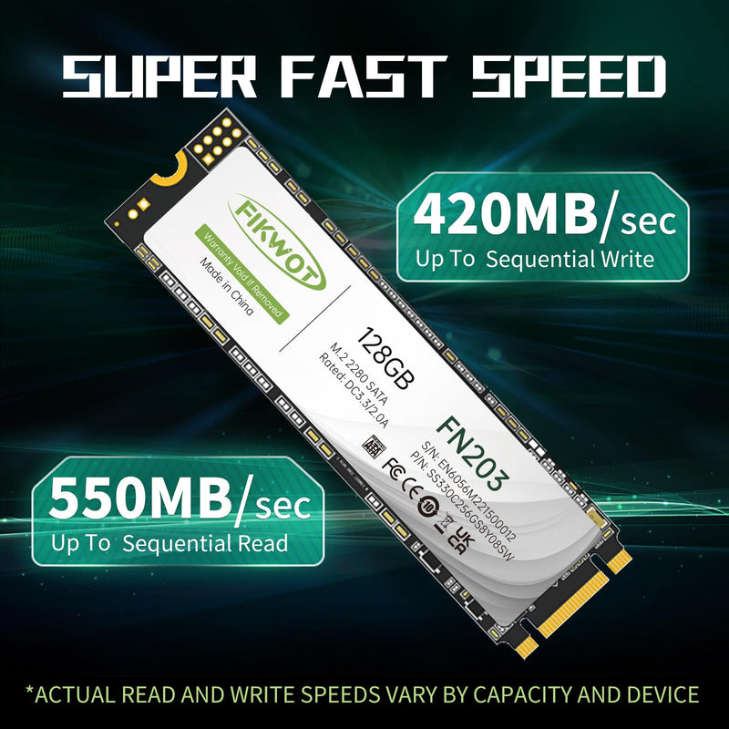 Fikwot FN203 M.2 SATA SSD - SLC Cache 3D NAND TLC SATA III 6Gb/s M.2 2280 NGFF Internal Solid State Drive, Up to 550MB/s, Compatible with Ultrabooks, Tablet Computers and Mini PCs (128GB) 128GB