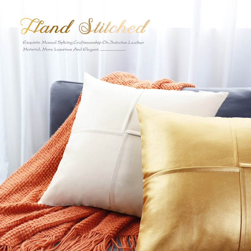 BRAWARM Faux Leather Throw Pillow Covers 22 X 22 Inches, Cream Leather Pillow Covers Pack of 2, Hand Stitched Leather Decorative Throw Pillows for Couch Sofa Bed Living Room Home Garden 22" x 22" (Pack of 2)