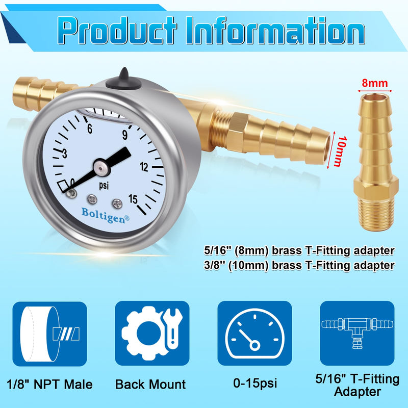 Boltigen Fuel Pressure Gauge, 0-15psi Fuel Pressure Gauge Kit, Glycerin Filled Fuel Pressure Regulator with Gauge for Car, 1/8'' NPT Inline Fuel Pressure Guage with 3/8'' 5/16'' Barb