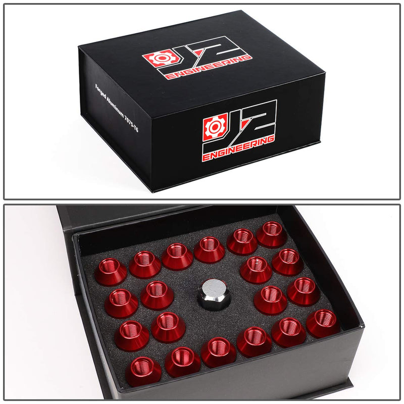 J2 Engineering 20 Pcs 7075 Aluminum Open End M12 x 1.5 Lug Nuts Set w/Socket Adapter, Red, Fit Conical Seat, LN-T7-004-15-RD 1.5-Inch