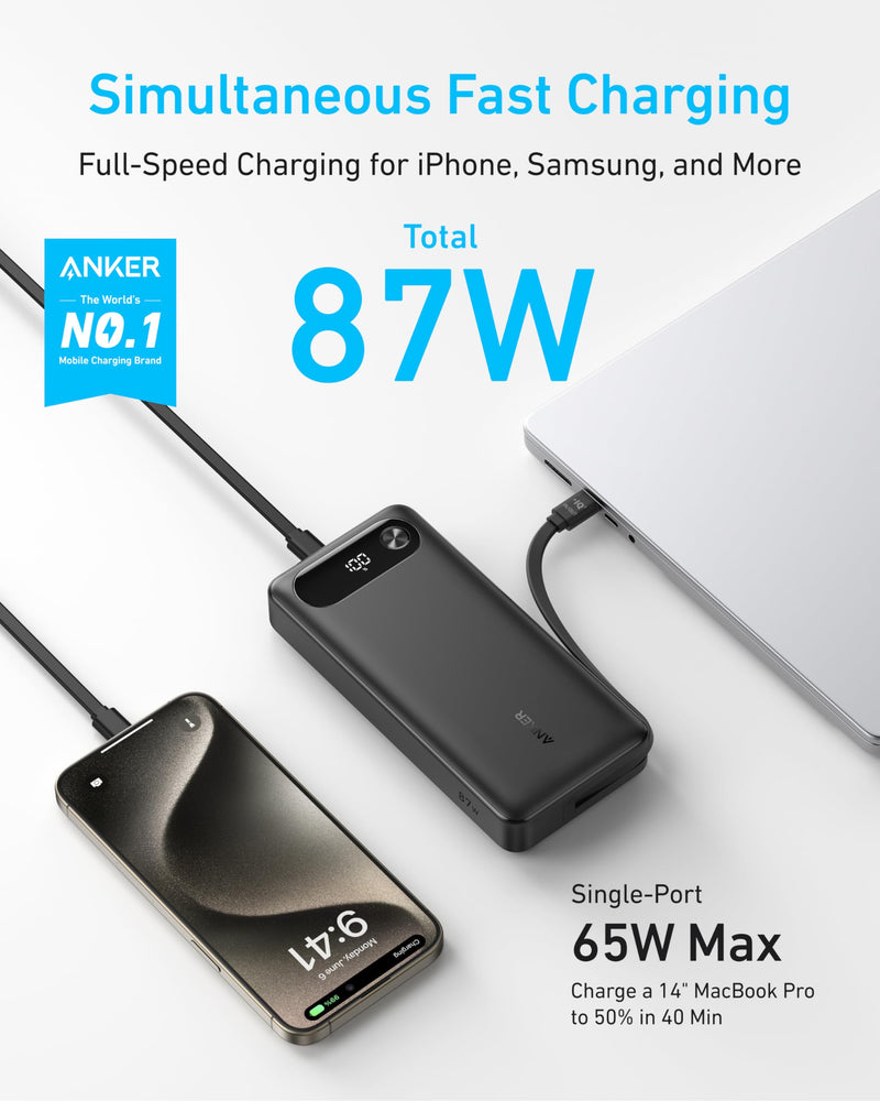 Anker Power Bank, 20,000mAh Portable Charger with Built-in USB-C Cable, 87W Max Fast Charging Battery Pack for Laptop, 2 USB-C and 1 USB-A, for MacBook, iPhone 15 Series, Samsung, Switch, and More Black