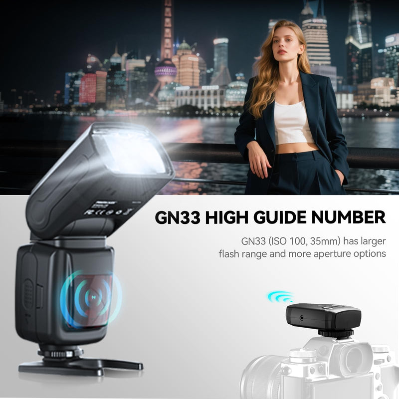 PHOTOOLEX FK300G Camera Flash Speedlite GN33 with Trigger | Universal hot shoe for Canon, Nikon, Sony, Fuji. 2.4G wireless, 8 power levels, M/S1/S2 modes with flash trigger