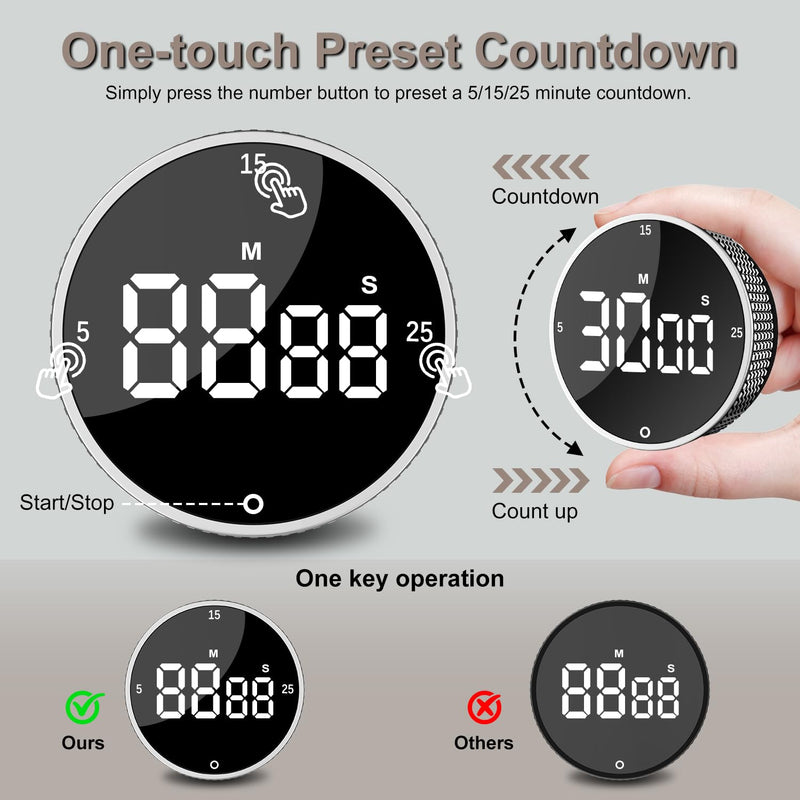 Digital Kitchen Timer with HD LED Display, Magnetic Countdown & Countup Timer for Cooking, 99 Minutes Rotating Pomodoro Timer for Classroom, Fitness, Office. Silver