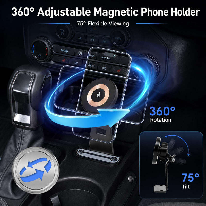 Wireless Charger Phone Mount Fit for Ford Bronco 2021-2026 | 360° Adjustable Magnetic Phone Holder, with Magnetic Ring, Fit for Any Magnetic Charging Mobile Phone