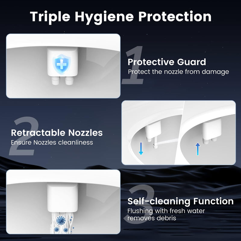 FEELSO Bidet Attachment for Toilet with Filter, Bidet Toilet Seat with Self-Cleaning Dual Nozzle (Frontal/Rear Wash), Ultra-Slim & Non-Electric Bidet Sprayer for Hard Water, Adjustable Water Pressure