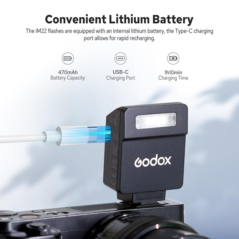 Godox iM22 Camera Flash, Mini Flash for Camera, 440 Full Power Flashes, Built in Lithium Battery, 5 Power Levels, Single Contact Hot Shoe, Compatible for Canon Sony Fuji Nikon Panasonic Olympus