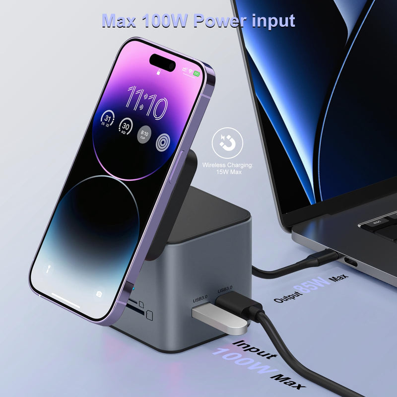 USB C Laptop Docking Station with MagSafe Charger Stand, 9 in 1 USB C Hub Multiport Adapter with 4K HDMI, 1Gbps Ethernet, 3 USB 3.0, SD/TF, Compatible with MacBook/Dell/HP/Lenovo/iPhone (Dark Gray) Dark Gray