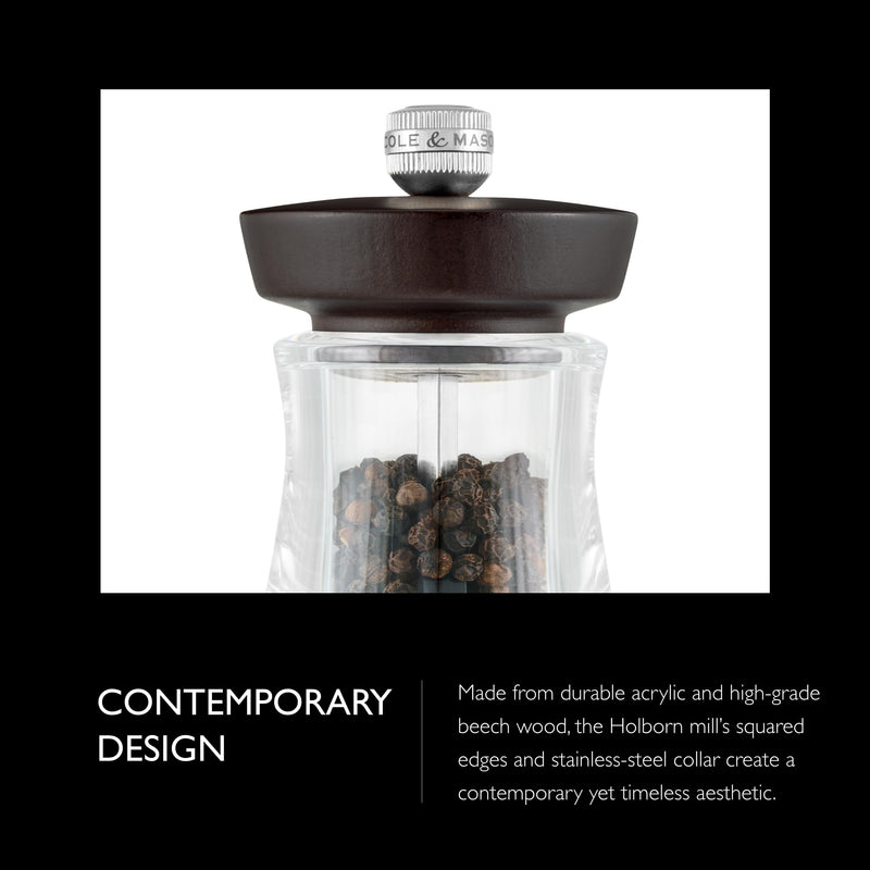 Cole & Mason Holborn Acrylic Pepper Mill - Compact Hand Grinder - Acrylic Kitchen Tool with Adjustable Grind Setting - Easy-to-Clean Grinder with Premium Design - Chocolate Pepper Mill, 3.75"